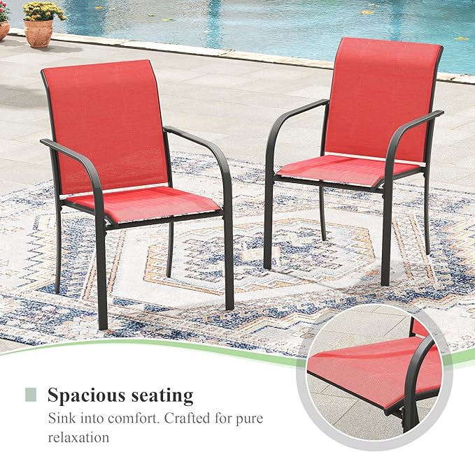 Patio Table and Chairs Set for 8, Outdoor Dining Set with 8 Stackable Dining Chairs and 53" x 53" Metal Slatted Round Dining Table for Porch, Deck, Lawn, Garden, Red & Black