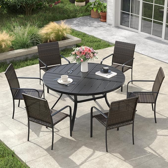 VICLLAX 7 Pieces Outdoor Dining Set, 6 Stakable Wicker Patio Chairs and 47" Patio Round Metal Table with Umbrella Hole for Backyard Lawn Garden, Black Tabletop