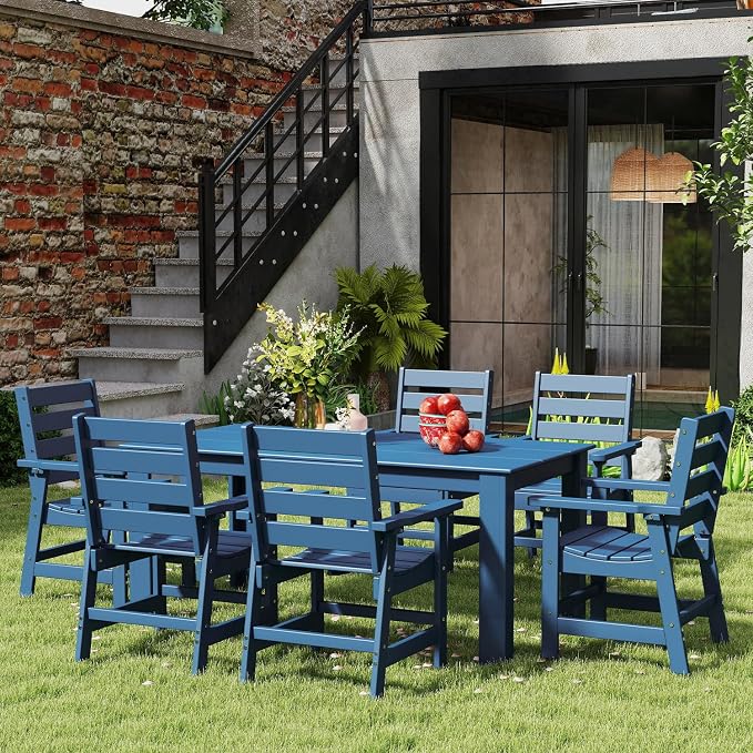 IVY&LANE Outdoor Dining Table | HDPE | 67’’ Rectangle Tables | Blue | All Weather | Umbrella Hole | Patio Furniture | for Poolside Lawn Garden Backyard