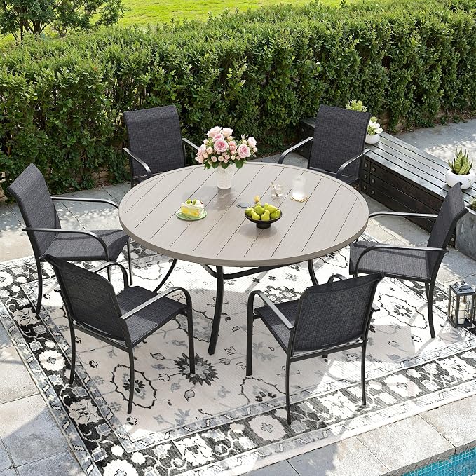 DIFY Patio Dining Set for 6, 7 Piece Outdoor Table and Chairs Set, 50" Grey Wood-Like Round Metal Patio Dining Table and 6 Grey Textilene Stackable Patio Chairs, for Backyard Garden Poolside