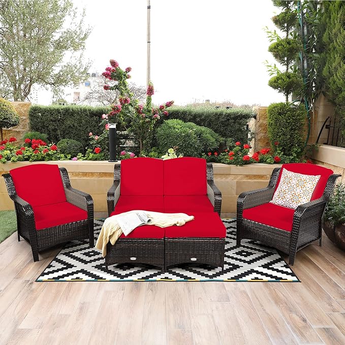 Tangkula 5 Pieces Patio Furniture Set, Outdoor Rattan Conversation Sofa Set with Loveseat, Single Sofas and Ottoman, Sectional Sofa Set with Removable Cushions for Porch, Backyard, Balcony, Lawn