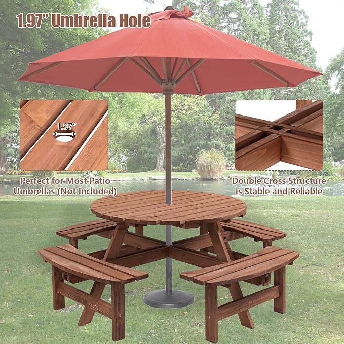Thanaddo 8-Person Outdoor Circular Wooden Picnic Table, Camping Dining Table w/ 4 Built-in Benches, Outside Table Set with Umbrella Hole, 2220lb Capacity for Garden Patio Backyard - Brown