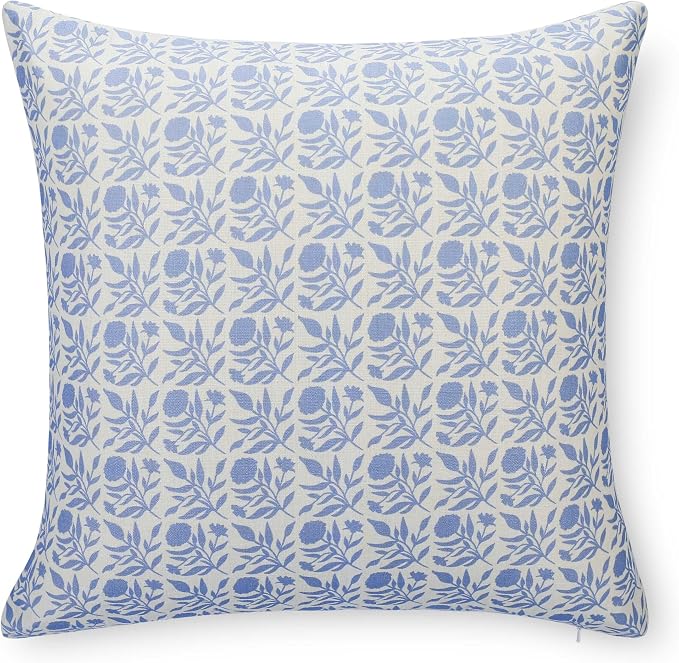 California Casual Coastal Indoor Outdoor Throw Pillow Cover, 20"x20" Water Repellent for Patio, Backyard, Couch, Poolside, Light Blue Print Floral and Leaves Geometric