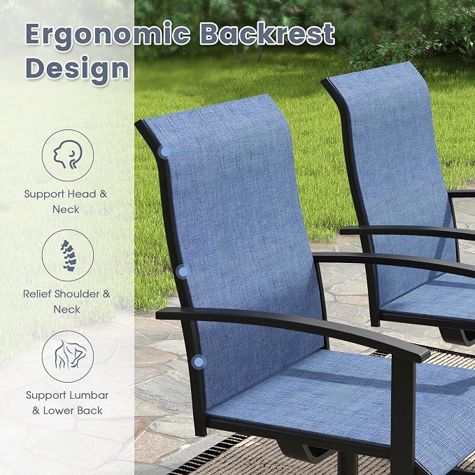 VICLLAX 5 Pieces Patio Outdoor Dining Set, 4 Swivel Textilene Chairs and 38" Square Metal Table with Umbrella Hole for Porch, Deck, Garden, Black/Dark Blue