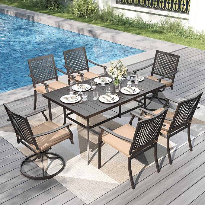 PHI VILLA 6-Person Outdoor Metal Steel Slat Dining Rectangle Table with Adjustable Umbrella Hole, Weather-Resistant for Patio Outdoor Use, Black