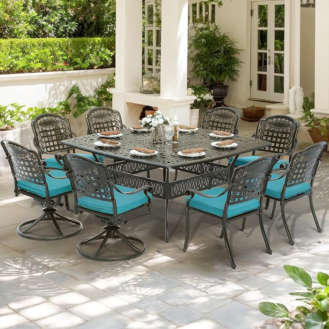 SOCIALCOMF 9-Piece Patio Cast Aluminum Dining Set, Outdoor Table and Chairs Set for 8, Includes 64" Large Square Dining Table, 6 Stationary, 2 Swivel Dining Chairs with Umbrella Hole, Ocean Blue
