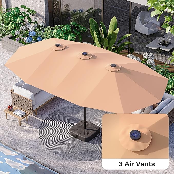 EO Living 15ft Large Patio Umbrella, Double-Sided Rectangle Outdoor Umbrella with Base Included, Table Umbrella for Poolside Deck Market (Beige)