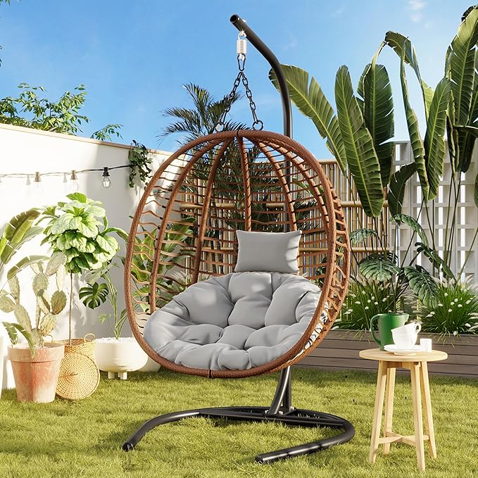 Folding Egg Chair, Outdoor Hanging Hammock Chair with Stand, Patio Wicker Hanging Chair with Iron Frame and Plush Cushion & Removable Headrest for Bedroom, Balcony, Garden (C-BrownGray)