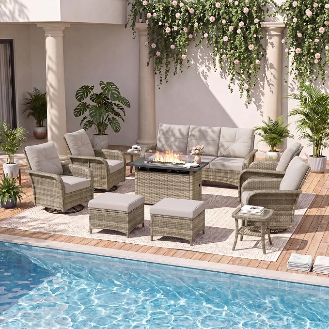 LazySunsets 12 Piece Outdoor Patio Furniture Set with 44'' Fire Pit Table, Wicker Rattan Outdoor Furniture with High Back Swivel Rocker Chairs, Outdoor Sofa Set with Thick Cushions & Ottoman, Grey