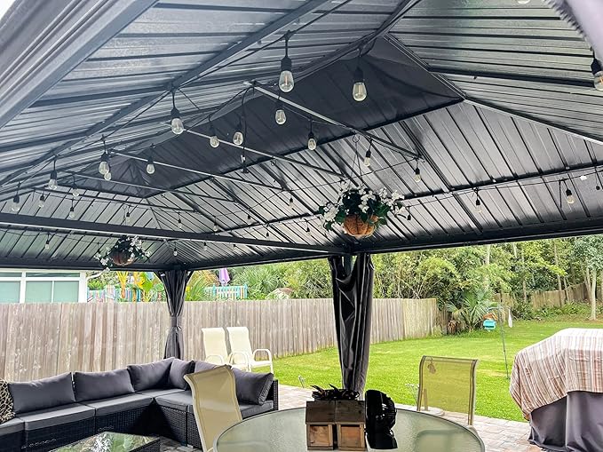Domi 14' X 24' Hardtop Gazebo, Upgraded Metal Gazebo with Drainage System, Dual-Layer Galvanized Steel Roof, Curtain and Netting, Outdoor Shelter Canopy for Patio, Garden, and Backyard, Grey