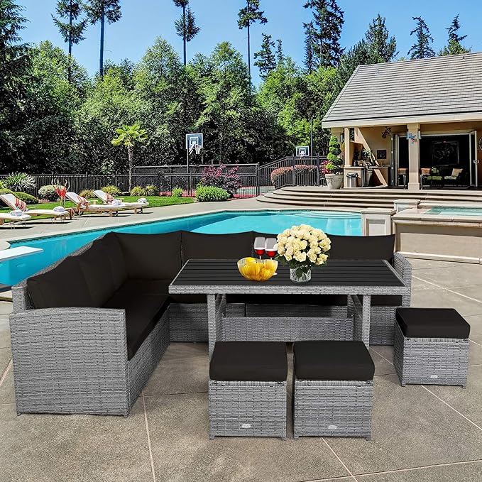 RELAX4LIFE 7 PCS Wicker Patio Furniture Set, Outdoor Rattan Sofa Set with Dining Table & Ottomans Soft Cushions for Backyard Garden Poolside Balcony, Sectional Conversation Couch Set (Black)