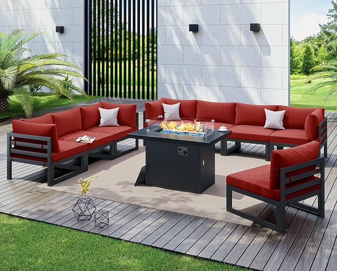 NICESOUL 8 Seat Modern Aluminum Patio Furniture Set with Fire Pit Table, 500 lbs Heavy Duty Outdoor Sectional Sofa, 29" Deep Wide Oversized Seating L Shaped Conversation Couch for Deck Lawn, Burgundy