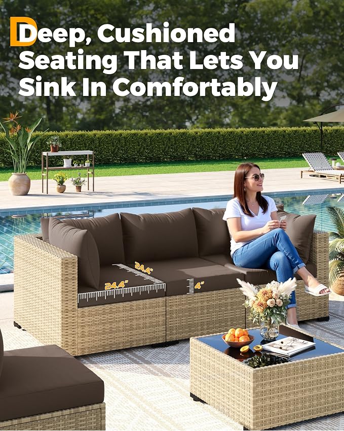UDPATIO Furniture Set with Fire Pit Table, 8 Piece Sectional Sofas, All-Weather Wicker Conversation for Garden, Backyard, Yellow/Brown