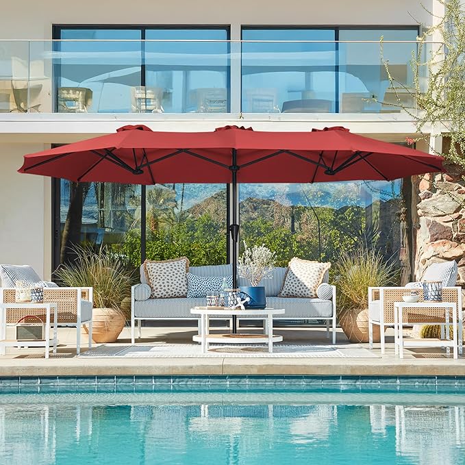 SUPERJARE 13FT Outdoor Umbrella for Patio, Double sided Pool Umbrellas with Fade Resistant Canopy, Large Table Umbrella for Deck, Market, Backyard - Burgundy(No Base)