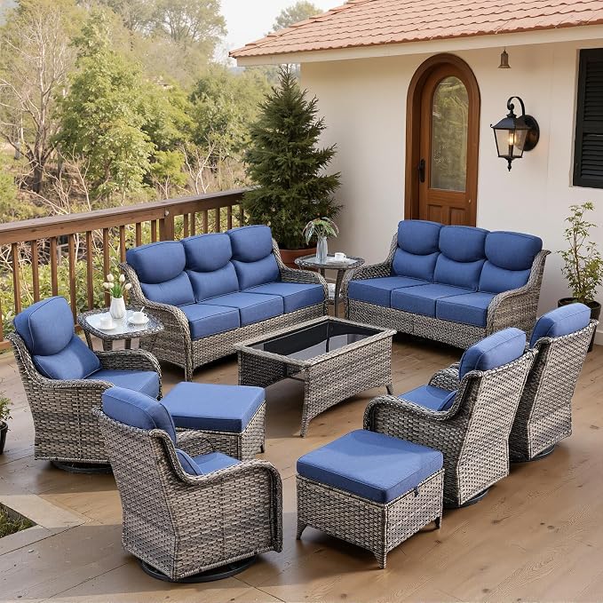 Belord Luxury 6" Thick Cushioned 11 Pieces Patio Furniture Set with Outdoor Couch, Wicker Outdoor Conversation Set with High Back Swivel Rocker Chairs for Deck Porch Yard and Poolside - Grey+Blue