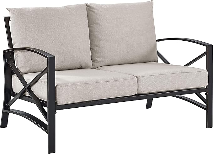 Crosley Furniture Kaplan 3-Piece Outdoor Loveseat Patio Furniture Set, Conversation Sets for Porch, Deck, Oiled Bronze with Oatmeal Cushions