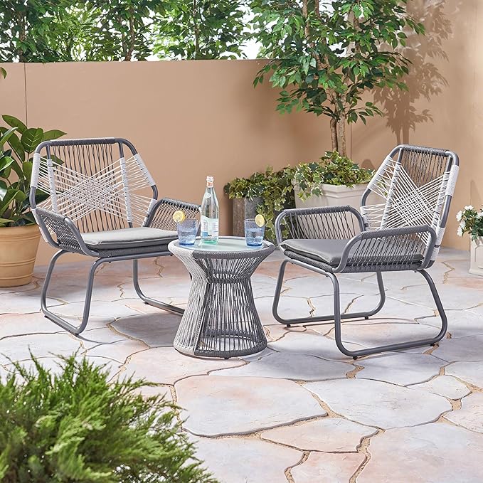 Christopher Knight Home Ava Outdoor 3 Piece Rope and Steel Chat Set, Finish, Gray/White/Gray