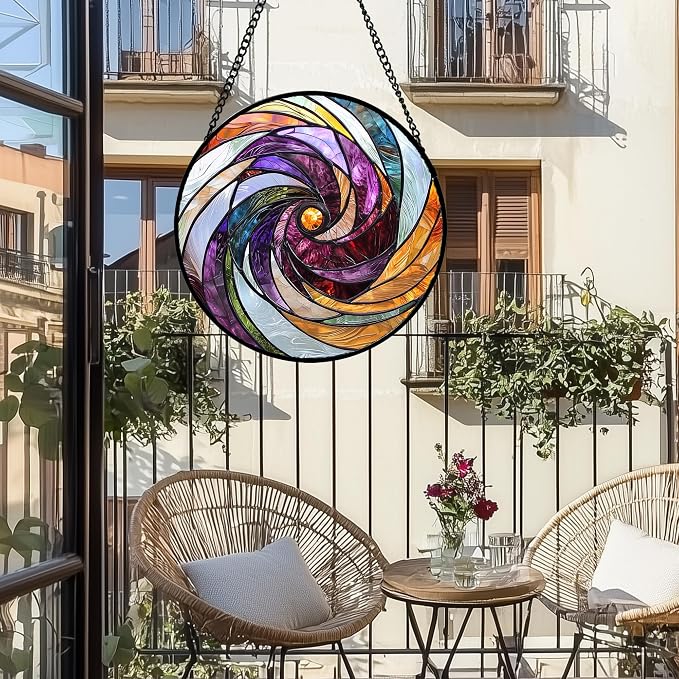 DASTOLL Stained Glass Window Hanging, Colorful Abstract Spiral Pattern Suncatcher for Doors Window Home Sun Catchers Decoration Mother's Day Birthday Gifts for Women, Men, and Mom 6.3 in