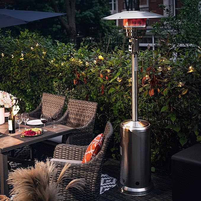 Nuu Garden Outdoor 46,000 BTU Stainless Steel Propane Gas Patio Heater with Wheels, Removable Stainless Iron Heater for Patio, Backyard, Garden, Porch, Silver