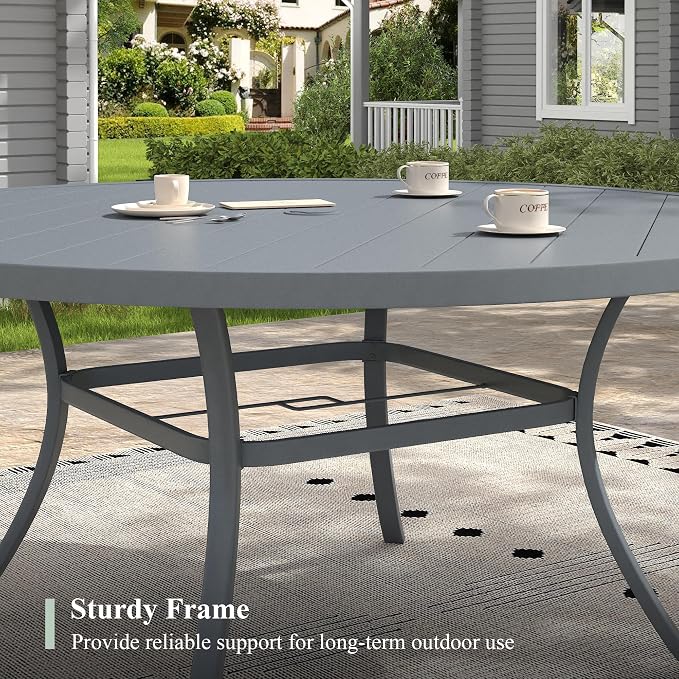 Outdoor Dining Set for 8, 60" Metal Round Outdoor Dining Table with Umbrella Hole and Sling Patio Swivel Chairs, 9 Pieces Patio Table and Chairs Set for Garden Backyard, Grey and Dark Grey