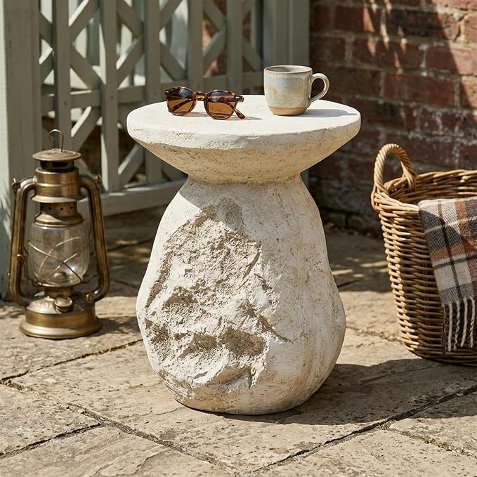 Merax Outdoor Patio Side Table, 19" Height Rugged Coral-Texture Round Patio Accent Table, Bohe & Coastal Style, MGO End Table for Balcony Poolside, Fully Assembled, Beige Finish