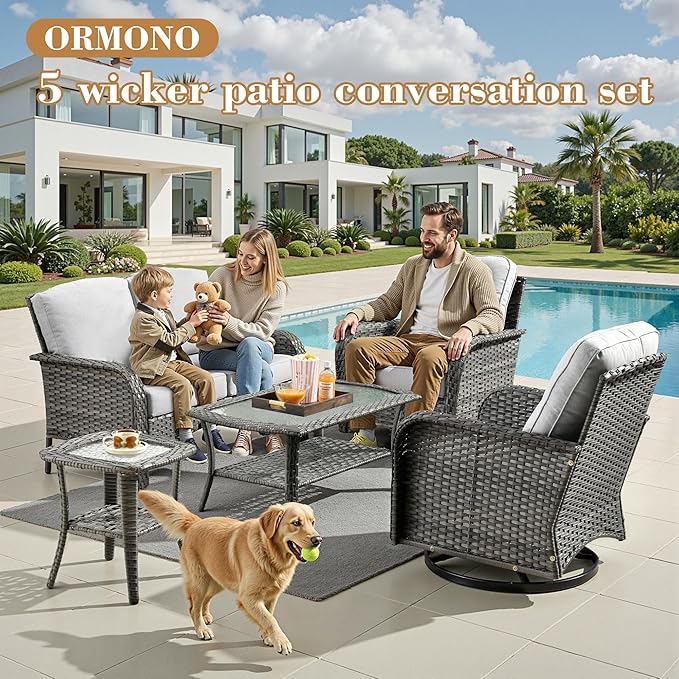 5 Pieces Patio Furniture Set, All Weather Rattan Patio Conversation Sets with Swivel Rocking Chairs, Coffee Table, High Back Outdoor Furniture Loveseat for Porch, Backyard,Grey