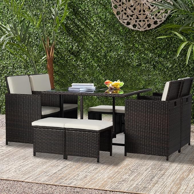 Patio Table and Chairs Set Outdoor Patio Furniture Set Patio Dining Sets 9 Pieces Space Saving Outdoor Dining Set with 4 Chairs 4 Ottomans Glass Table for Outdoor Backyard Porch Poolside Balcony,Khaki