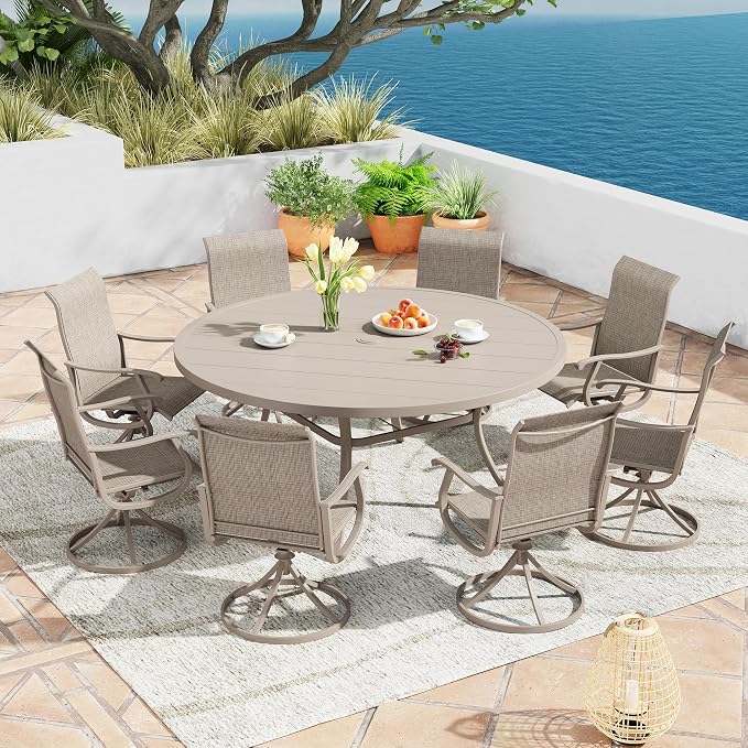 Patio Dining Table for 8-10, Round Metal Outdoor Table with 1.57" Umbrella Hole, 60" Outdoor Slat Tabletop Dining Table for Backyard, Porch, Lawn, Sand
