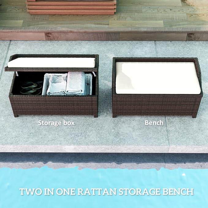 Outsunny 38 Gallon Outdoor Wicker Storage Bench Deck Box, PE Rattan Patio Furniture Pool Storage Bin Container with Interior Waterproof Cloth Bag and Comfortable Cushion, White