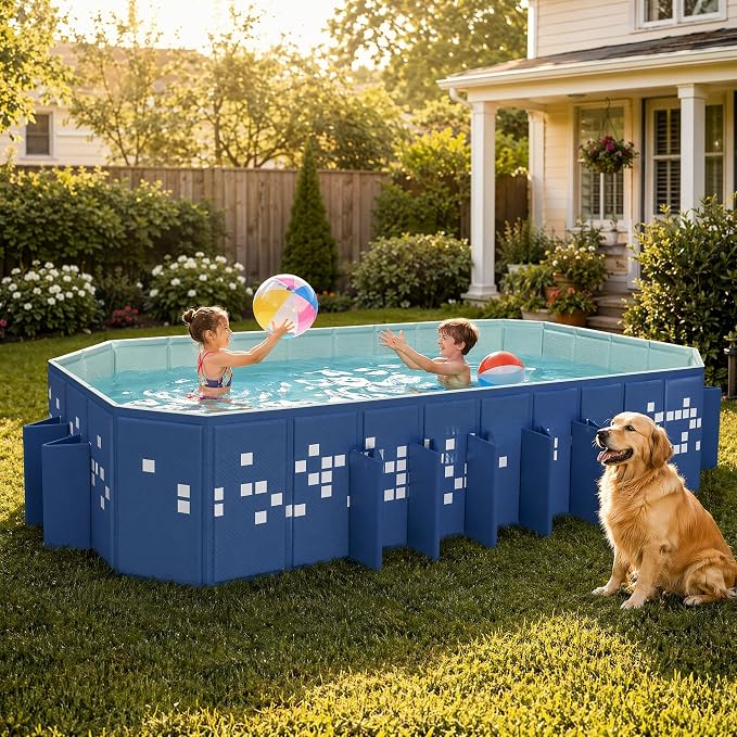 Foldable Pool Non-Inflatable, 122"×65"×20" Extra Large Collapsible Swimming Pool for Kids Adults, Hard PVC Board, 14 Triangle Supports, Family Backyard Outdoor Pool, Blue