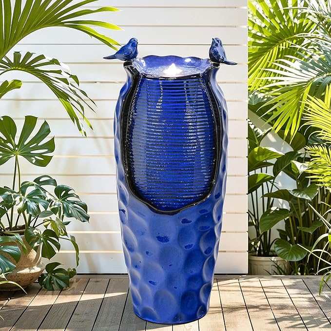 33" H Ceramic Jar Outdoor Water Fountain, Cobalt Blue Water Feature with Hammered Texture & Birds, Soothing Cascading Waterfall for Outside Garden Patio Yard Porch Decor, Mom Gift