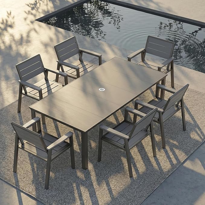 7 Piece Patio Dining Set for 6, Outdoor HDPE Table and Chairs with Umbrella Hole, All Weather Outdoor Furniture for Backyard, Deck, Lawn, Poolside, Grey