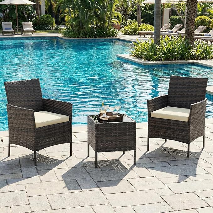 GarveeHome 3-Piece Patio Bistro Set, PE Rattan Outdoor Conversation Furniture with 2 Cushioned Chairs & Coffee Table, Weather-Resistant for Backyard, Balcony, Porch (Beige Cushion)