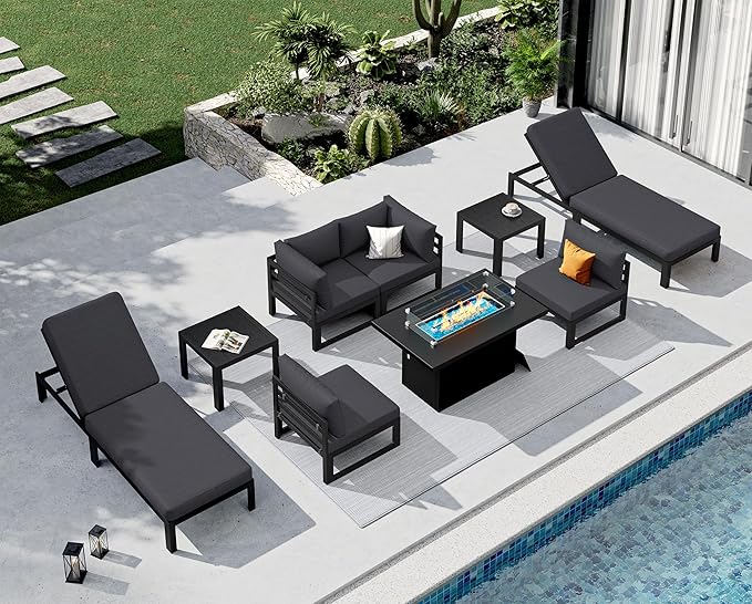 NICESOUL 9 Piece Luxury Aluminum Outdoor Sectional Sofa with Lounge & Fire Pit Table, Large Modular Patio Furniture Set, 29" Deep Wide Seating, 500 lbs Heavy Duty Conversation Set for Deck, Dark Gray