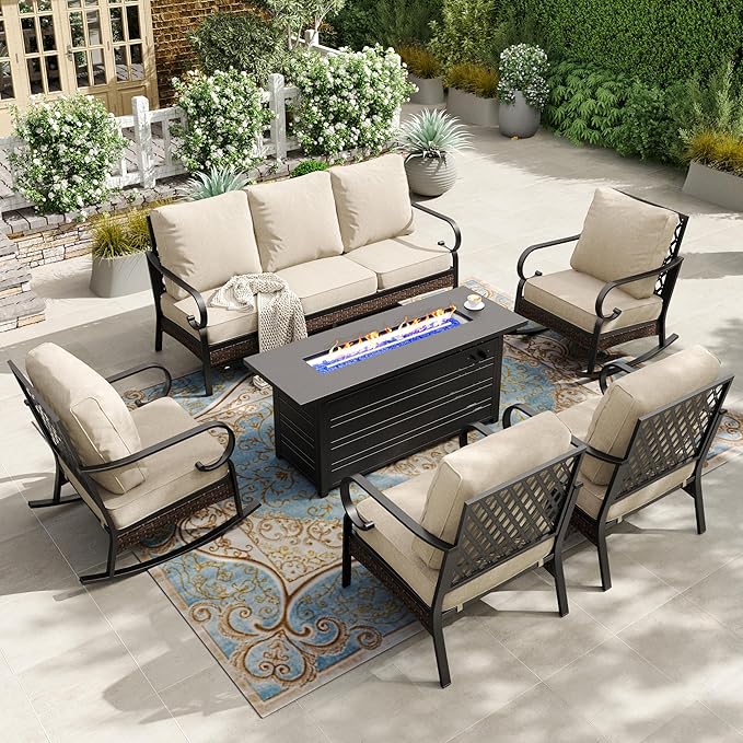 HERA'S HOUSE 6 Piece Metal Patio Furniture Set with 56" Fire Pit Table, All Weather Outdoor Conversation Set, 3 Seat Sofa, 2 Rocking Chairs, 2 Fixed Chairs, Seats 7 for Backyard, Garden, Deck, Beige