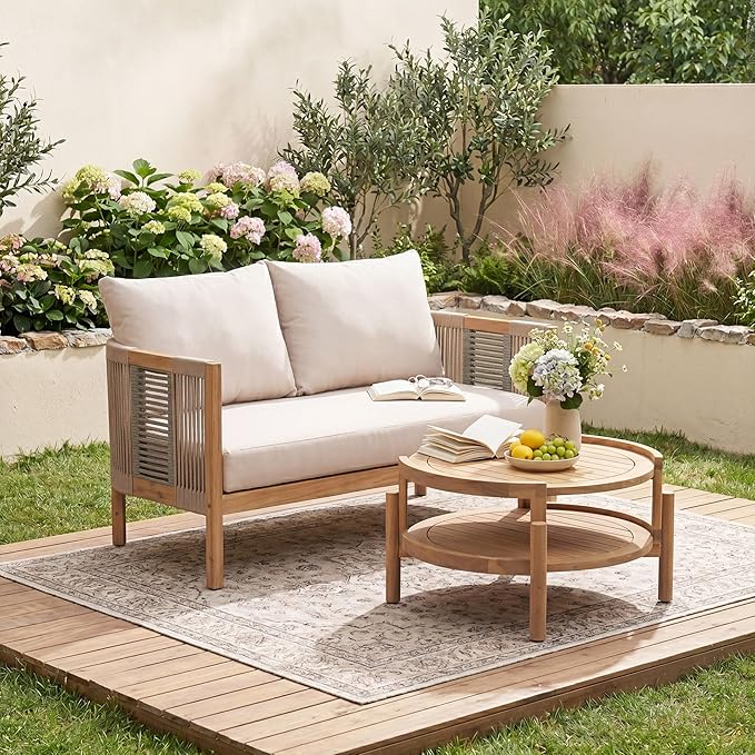 Christopher Knight Home Outdoor Acacia Wood Loveseat with Coffee Table, Acacia Wood Patio Furniture, Outdoor Conversation Sofa Set, Patio Sectional Chat Set for Backyard Balcony, Teak+ Beige