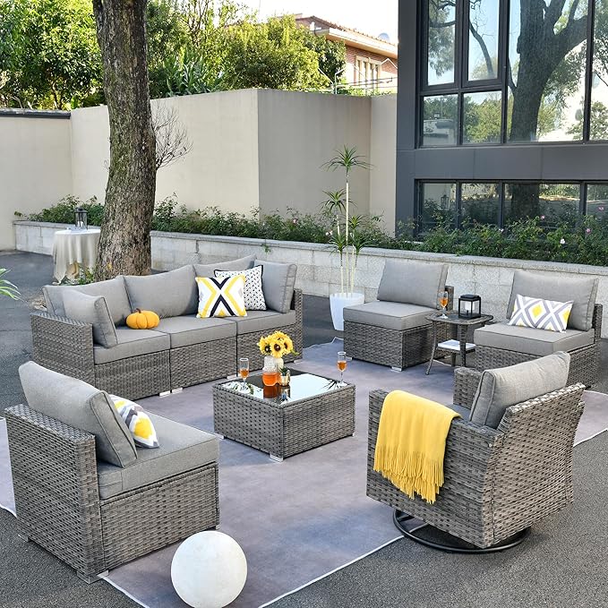 ovios Outdoor 9 Piece Coversation Set with Swivel Rocking Chair,Sectional Patio Furniture Set with All-Weather Wicker Sofa,Modern Outside Couch for Balcony Backyard Pool, Dark Grey