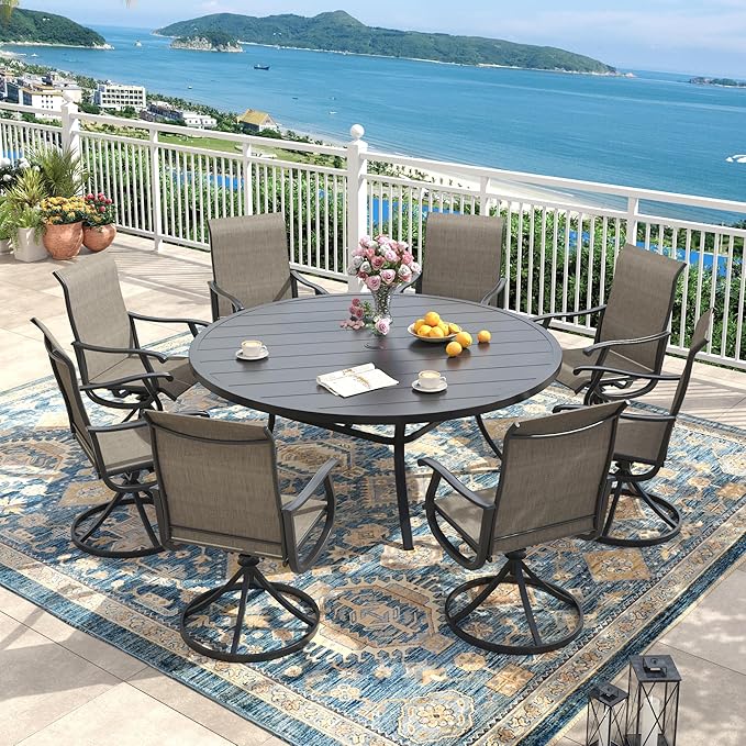 Outdoor Dining Set for 8, 60" Metal Round Outdoor Dining Table with Umbrella Hole and Sling Patio Swivel Chairs, 9 Pieces Patio Table and Chairs Set for Garden Backyard, Mixed Brown and Black