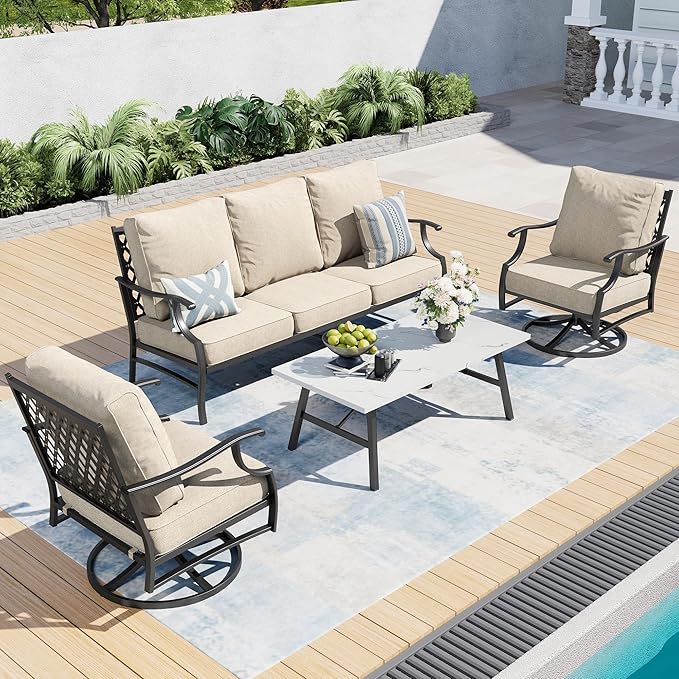 Patio Furniture Set, 4 Piece Modern Metal Outdoor Patio Furniture, 3 Seater Couch, 2 swivel Chairs, Coffee Table and 5.75" Extra Thick Cushion, Patio Conversation Set for Backyard Deck