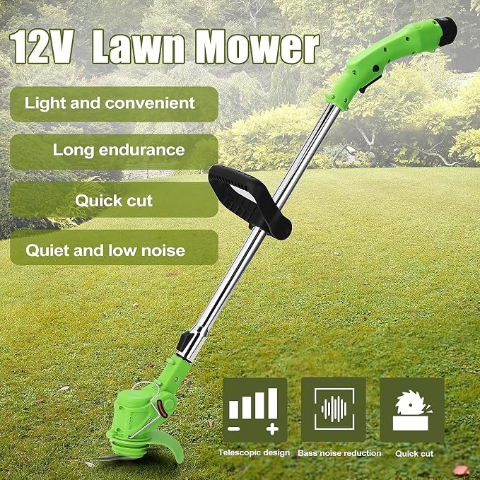 Electric Lawn Mower, 12V Rotary Electric Lawn Mower, Rechargeable Portable Telescopic Garden House Mowing Machine, Lightweight ding Pruning Tools, 2 Batteries