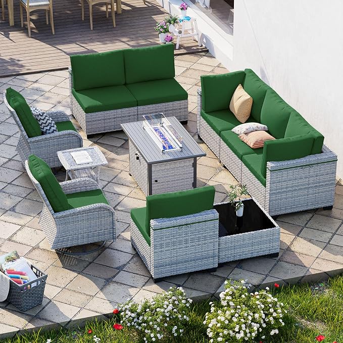 11-Piece Patio Furniture Set, Outdoor Patio Furniture with 55,000 BTU Fire Pit Table, Swivel Chairs Set, Thick Cushions, Modular Patio Sofa, Dual-Strand Wicker Rattan, Rust-Resistant Frame, Dark Green