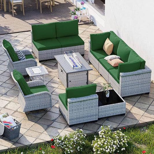 11-Piece Patio Furniture Set, Outdoor Patio Furniture with 55,000 BTU Fire Pit Table, Swivel Chairs Set, Thick Cushions, Modular Patio Sofa, Dual-Strand Wicker Rattan, Rust-Resistant Frame, Dark Green