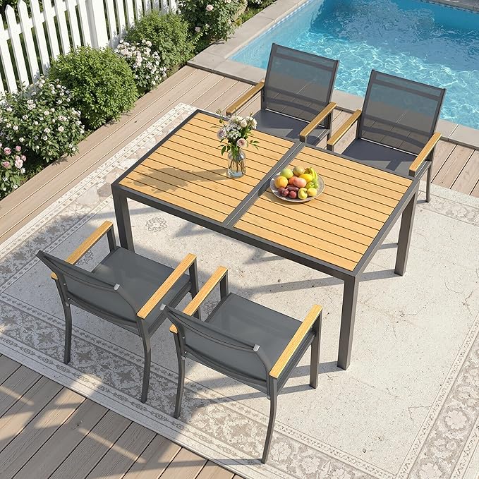 5-Pieces Aluminum Patio Table and Chairs Set, Outdoor Patio Furniture Set with Heavy Duty HDPS Rectangular Table, All-Weather Outdoor Dining Set with Breathable Quick-Drying Textilene Chairs