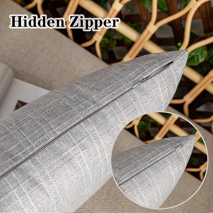 Kevin Textile Outdoor Waterproof 24”x24” Pillow Covers 2 Pack, Grey | Water Resistant, Soft Faux Linen-cotton Yarn-dyed Woven Texture Throw Pillow Covers for Tent Patio Garden Couch Sofa