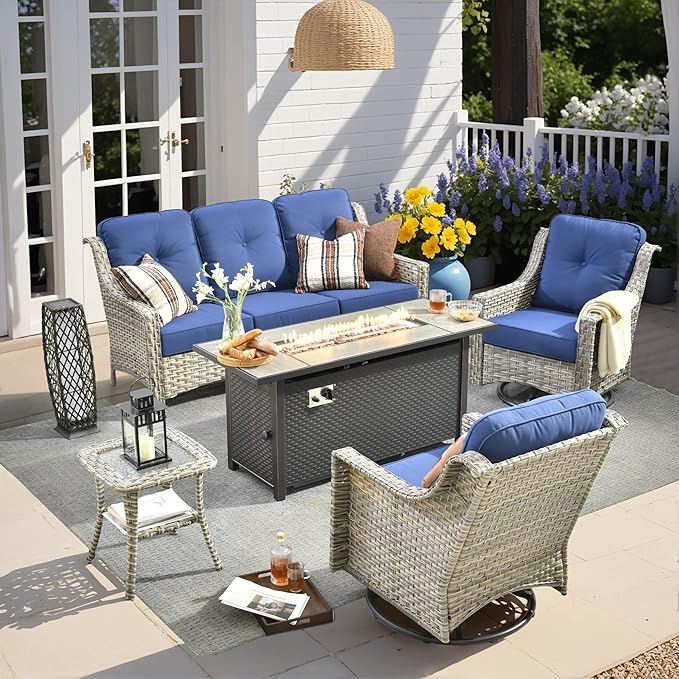 HOOOWOOO Patio Furniture Set,5 Pieces Wicker Outdoor Furniture,High Back Conversation Set with All Weather Resistant Fire Pit Table Couch Swivel Chairs,Navy Blue