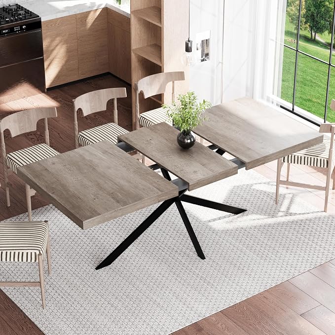 55.11" -70.86" Extendable Dining Room Table, Retro Folding Dining Tables for 4-6 People with Antique Wood Top/Black Fine Sand Cross Iron Foot Base/Storage Box, Grey