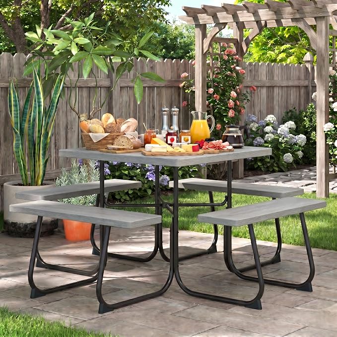 POWERSTONE Picnic Tables with Benches for 8, Outdoor HDPE Picnic Table with Umbrella Hole, Heavy Duty 35" Portable Dining Set Camping Table for Backyard, Patio, Park(Grey)