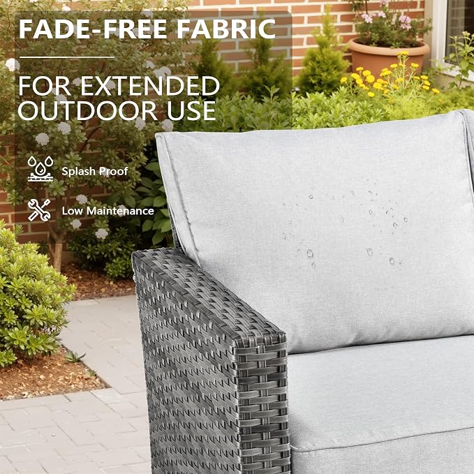 CAODOC 7-Piece Outdoor Wicker Patio Set with 7 Seats, Including 43" Fire Pit - Swivel Rocker Chairs and Conversation Set for Backyard or Lawn, Gray Rattan with Waterproof Gray Cushions