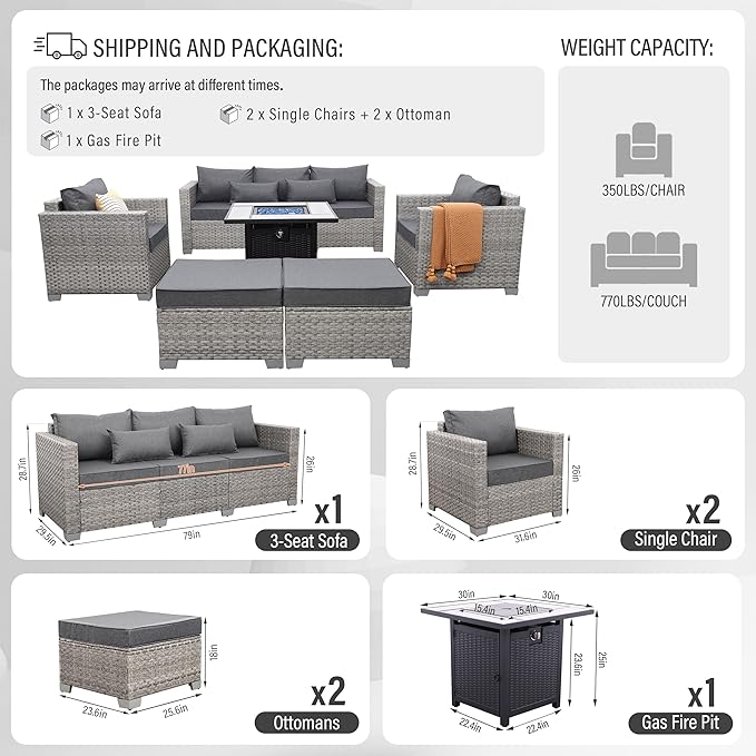 WAROOM Patio Furniture Set 6 Piece PE Rattan Outdoor Conversation Sets Grey Wicker Couch Sectional Sofa with 30" Fire Pit Table and Grey Cushion