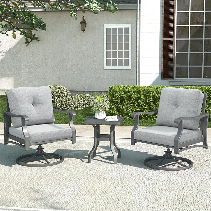 Outdoor Swivel Rocking Chairs, 3 Piece Metal Patio Rocker Chair w/Coffee Table, Aluminum Patio Bistro Furniture Set with 5" Thickened Cushions for Porch, Yard, Balcony, Gray